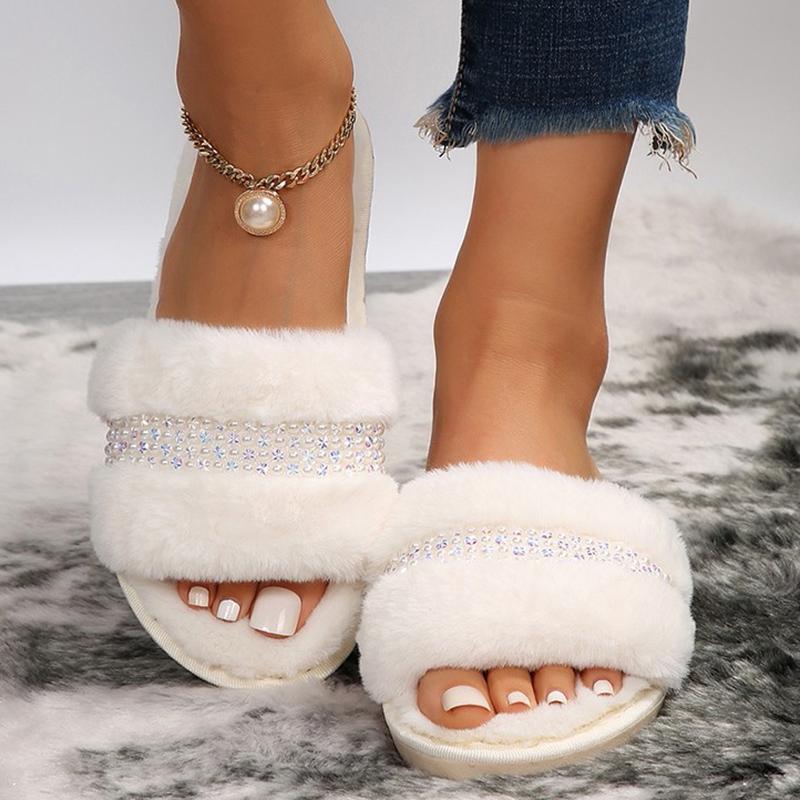 Fashion Fashion Pearl Fluffy Fur Slides for Woman Luxury Rhinestone Decor Indoor Home Slippers Women Open Toe Plush Warm Winter Slippers