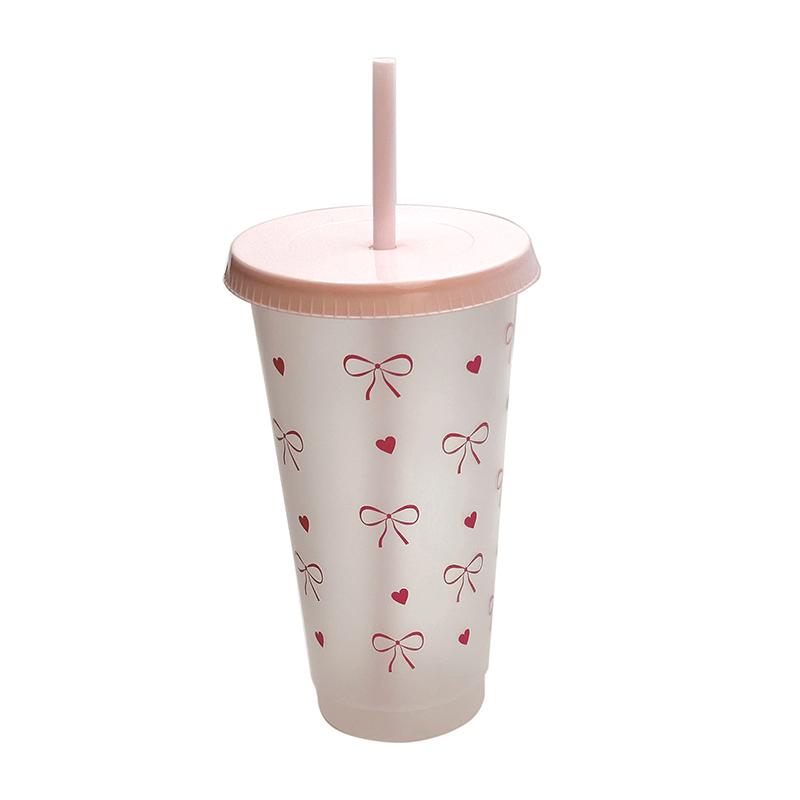 Бутылка для воды Kawaii, эстетический стакан для льда, кофе, сока, чая, симпатичные пластиковые стаканчики с бантом и крышкой-соломинкой, портативная бутылка для питья