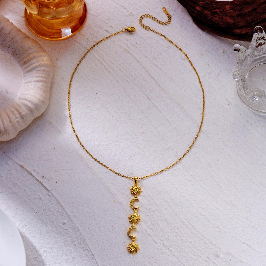 Multi Zircon Geometric Tassel Necklace for Women Sun Moon Splicing Pendant Stainless Steel Necklace Daily Wear Jewelry Gift