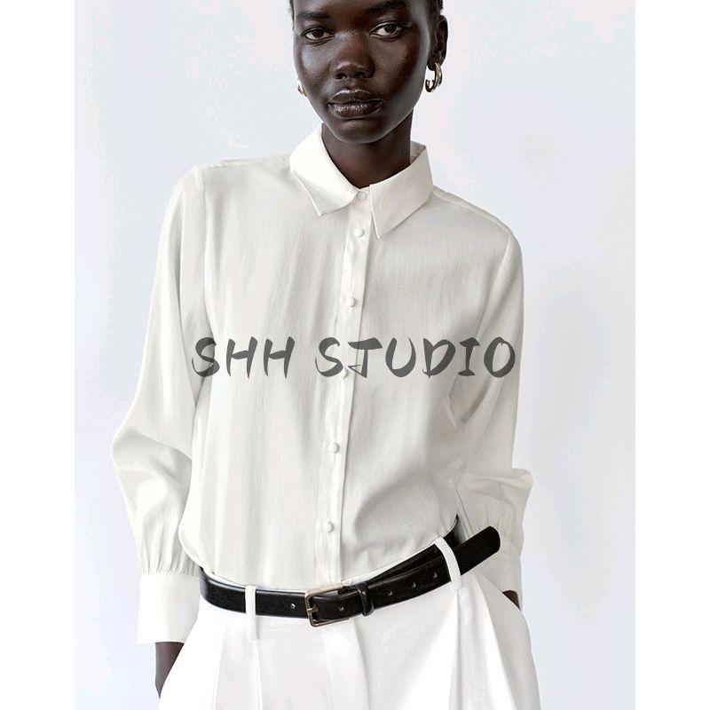 Spring New Women's Clothing Hong Kong Style Commute Style Lapel Long Sleeves Lining Button Decoration Drape Shirt 2157023