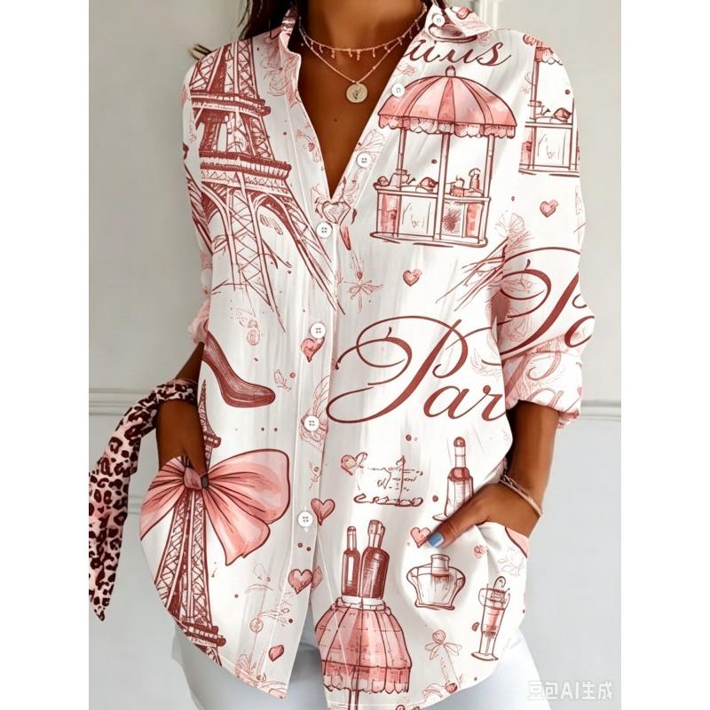 Women's Long Sleeve Button Down Shirt Paris Eiffel Tower Print Casual Loose Blouse Tops, Multiple Colors Available