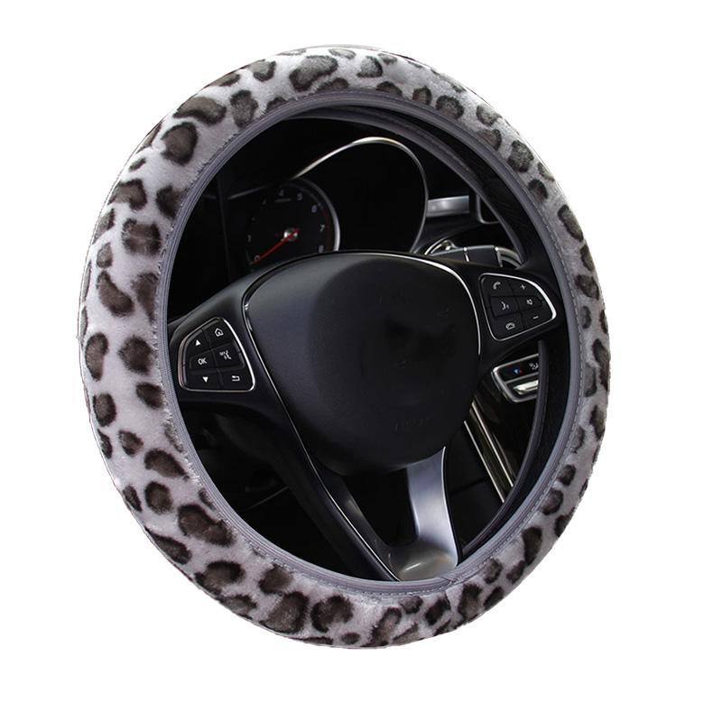 1Pc Auto Fluffy Winter Universal Leopard Print Gray Interior Accessories Car Steering Wheel Cover