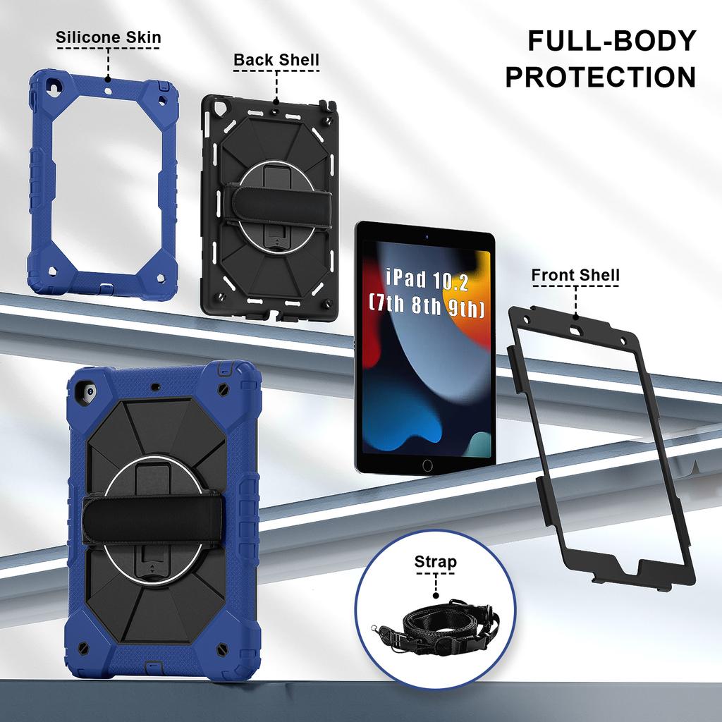 Tablet Case For iPad 10.2 (2021)/(2020)/(2019) Silicone + PC Kickstand Cover with Handy Strap, Shoulder Strap