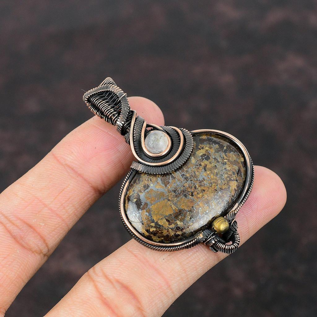 Подвеска из бронзита, обернутая медной проволокой, ручная работа, медные украшения, радужный лунный камень, подвеска для женщин, драгоценный камень, подарок для матери