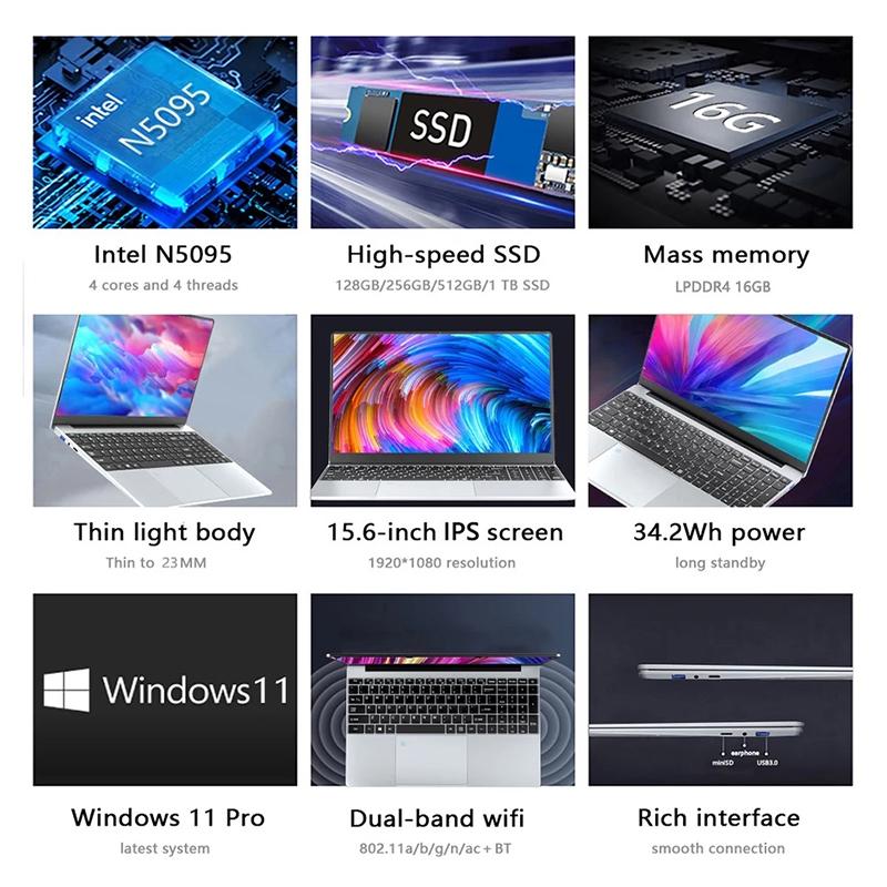 Ноутбук с Windows 11, 15,6-дюймовый дисплей 1920x1080 FHD IPS, 16 ГБ ОЗУ, 128 ГБ/256 ГБ/512 ГБ/1 Тб SSD, клавиатура с подсветкой, сканер отпечатков пальцев, 2,4/5 Гбит/с, Wi-Fi