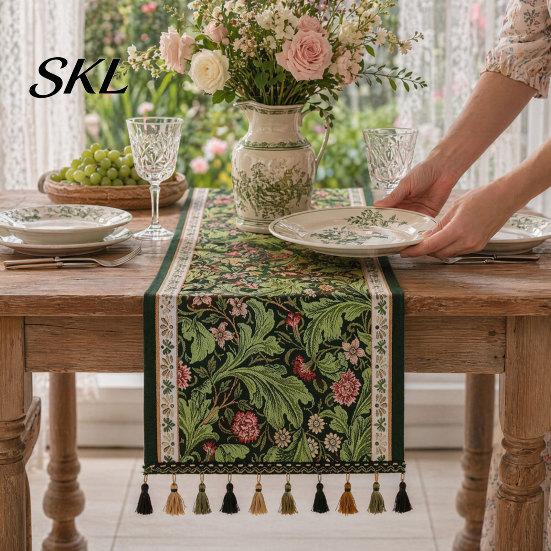 Elegant Dining Table Decor Jacquard Floral Runner, Vintage Peony Farmhouse Runner with Tassels for Home Wedding Party Tassel Edge