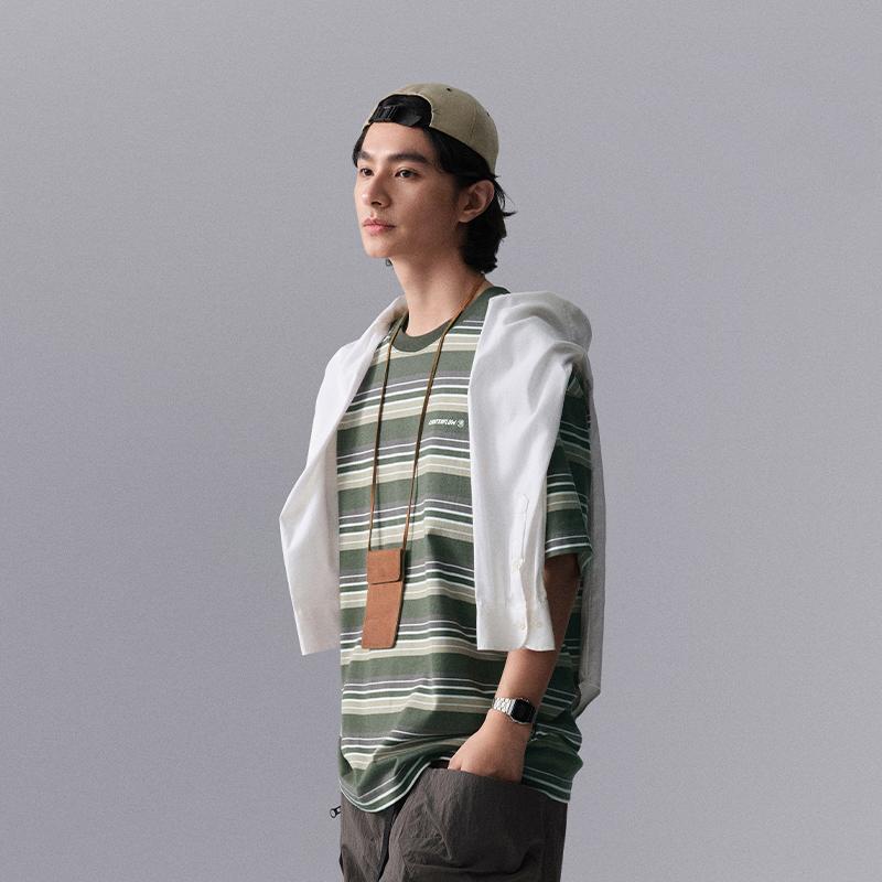 Li Ning CF Water Flow Full Print Striped Round Neck Pullover Comfortable Cool Loose Short Sleeve T Shirt Men T Shirts Dark-Green ATSU631-1