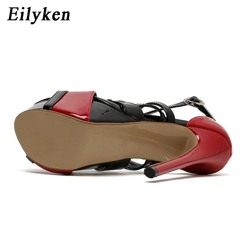 Eilyken Модные женские босоножки из лакированной кожи с открытым носком, летние пикантные туфли на очень высоком каблуке на платформе с пряжкой и ремешком, вечерние туфли для стриптиза
