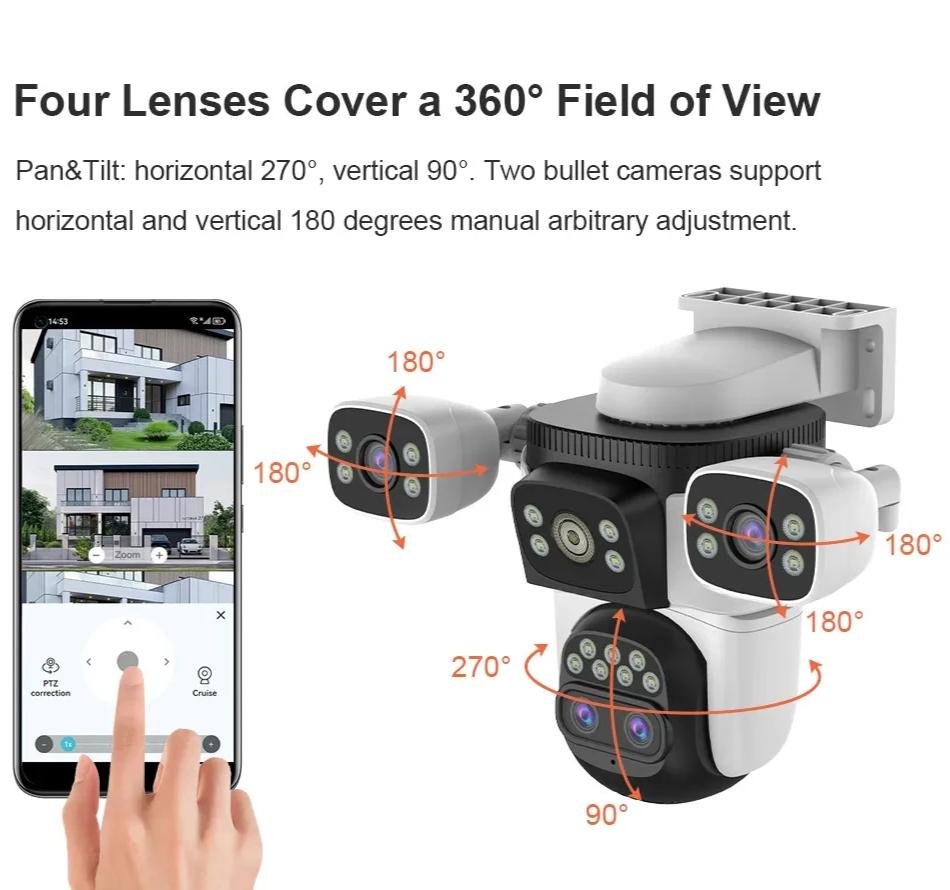 Уличная камера 20 Мп WiFi с оптическим 10-кратным зумом 10K, четырьмя объективами, четырьмя экранами, PTZ, двусторонним аудио, автоматическим отслеживанием, камерой видеонаблюдения