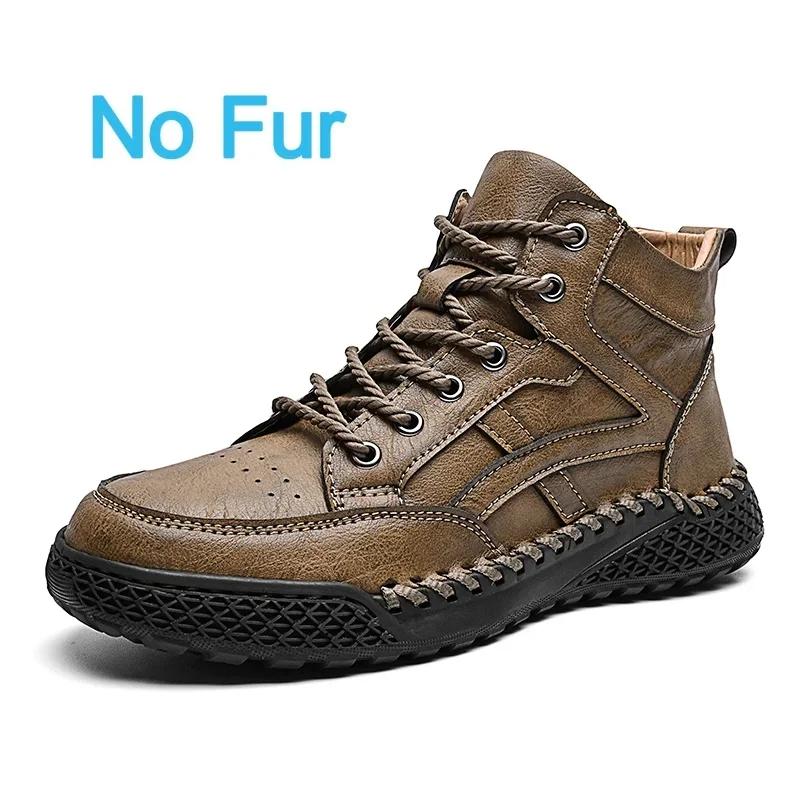 Fashion New 2024 Stylish Men Handmade Casual Leather Basic Boots Outdoor Antiskid Flat Design Hiking Sneakers Comfy Lace-Up Ankle Boots