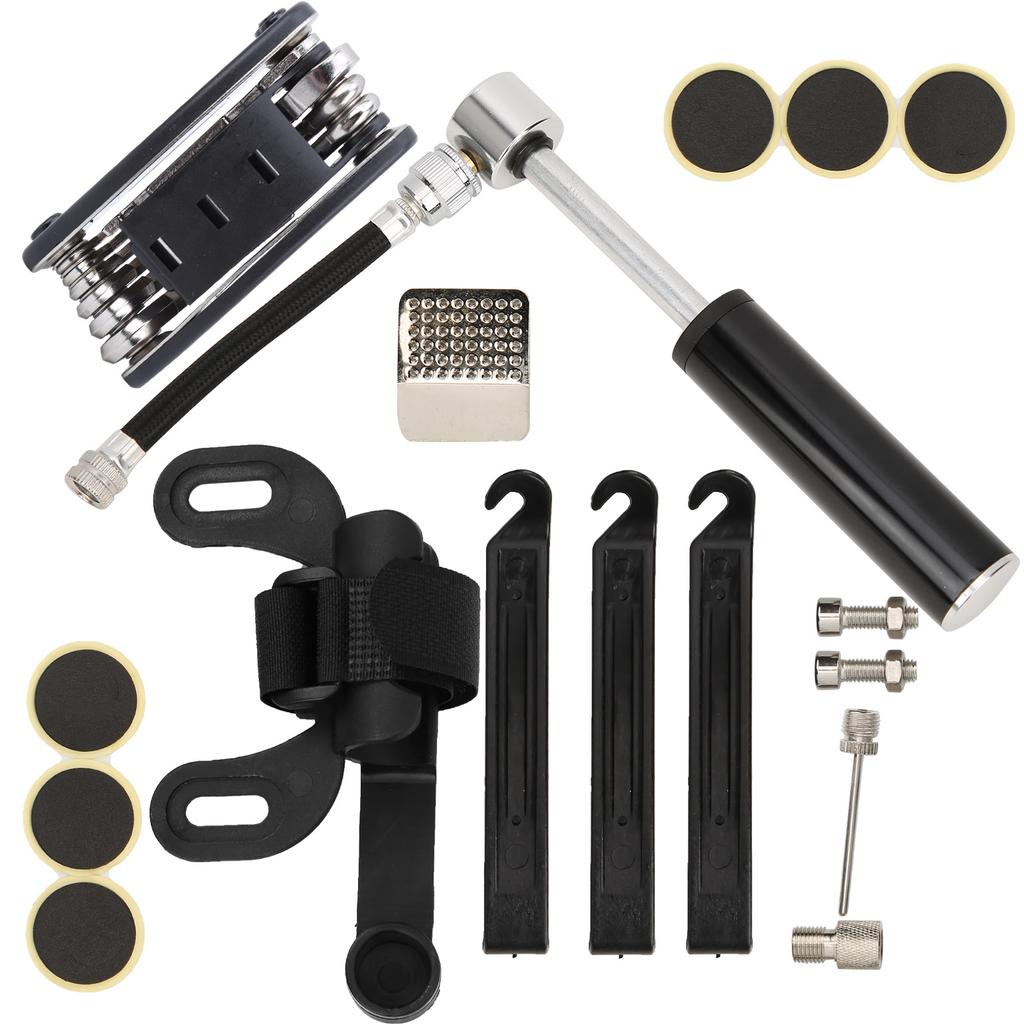 Portable Bicycle Pump 120PSI 16‑in‑1 Multifunction Tire Inflator Repair Patch Kit Bike PartsBlack