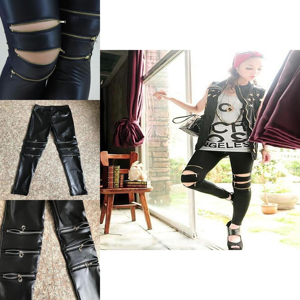 Классическая посадка Облегающие Сексуальные Леггинсы Брюки с тремя молниями из яркой кожи стрейч