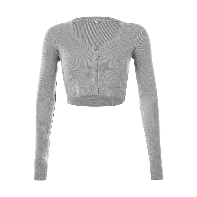 Women V-neck Solid Color Loose Knitted Cardigan Long Sleeved Crop Top