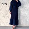 Women Evening Dress Pleated A-line Long Lantern Sleeves Pleated See-through Mesh Stand Collar Tight Waist Ruffle Patchwork Maxi Dress