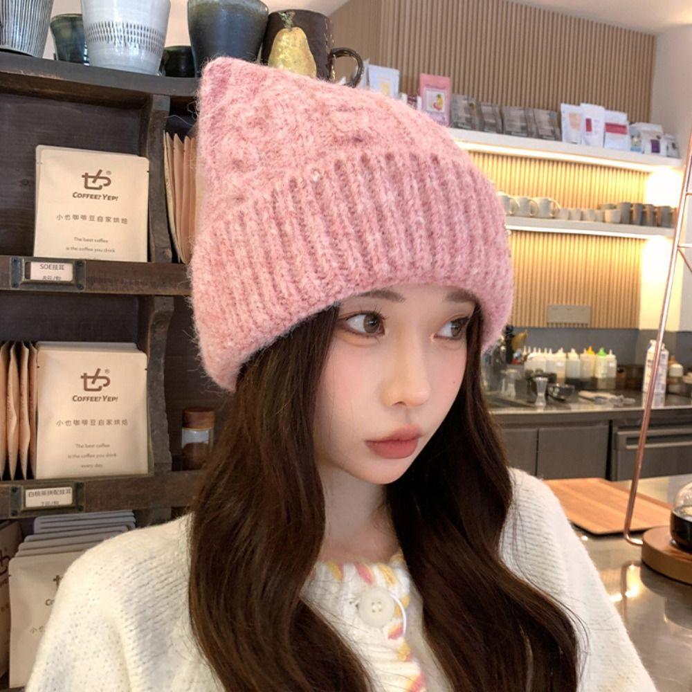 Warm Cat Ears Pullover Hat Japanese  Style Women Beanie Hat Woolen Knitted Hat  Autumn Winter