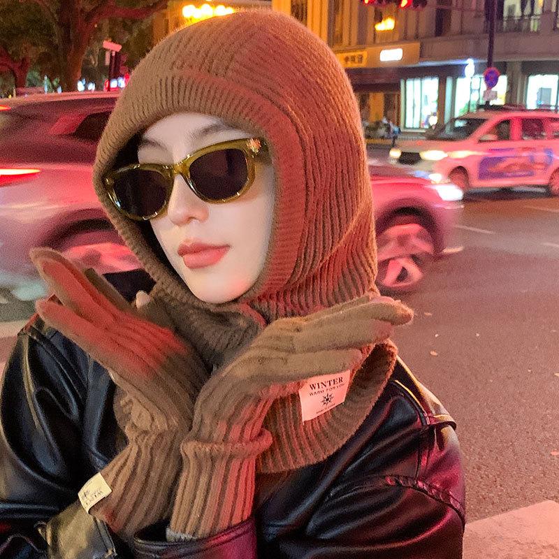 Women's Scarf Integrated Knitted Warm Hat Autumn and Winter Cold Gloves Outdoor One-piece Children's Wool Cape Hat