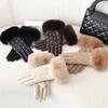 Plush Rhinestone Winter Gloves Velvet Women Warm Mittens All-Match Pu Leather Gloves  Autumn