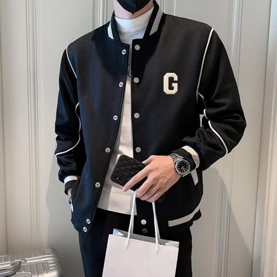 Men Baseball Coat Long Sleeve Single-Breasted Jacket with Letters Print Baseball Collar Outdoor Sports Outerwear