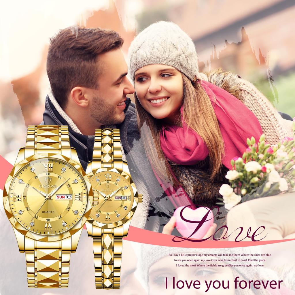 Simple Pair Watch Luminous Index Calendar Analog Display Waterproof Stainless Steel Adjustable Length Quartz Watch Fashion Watch Gold Day Present