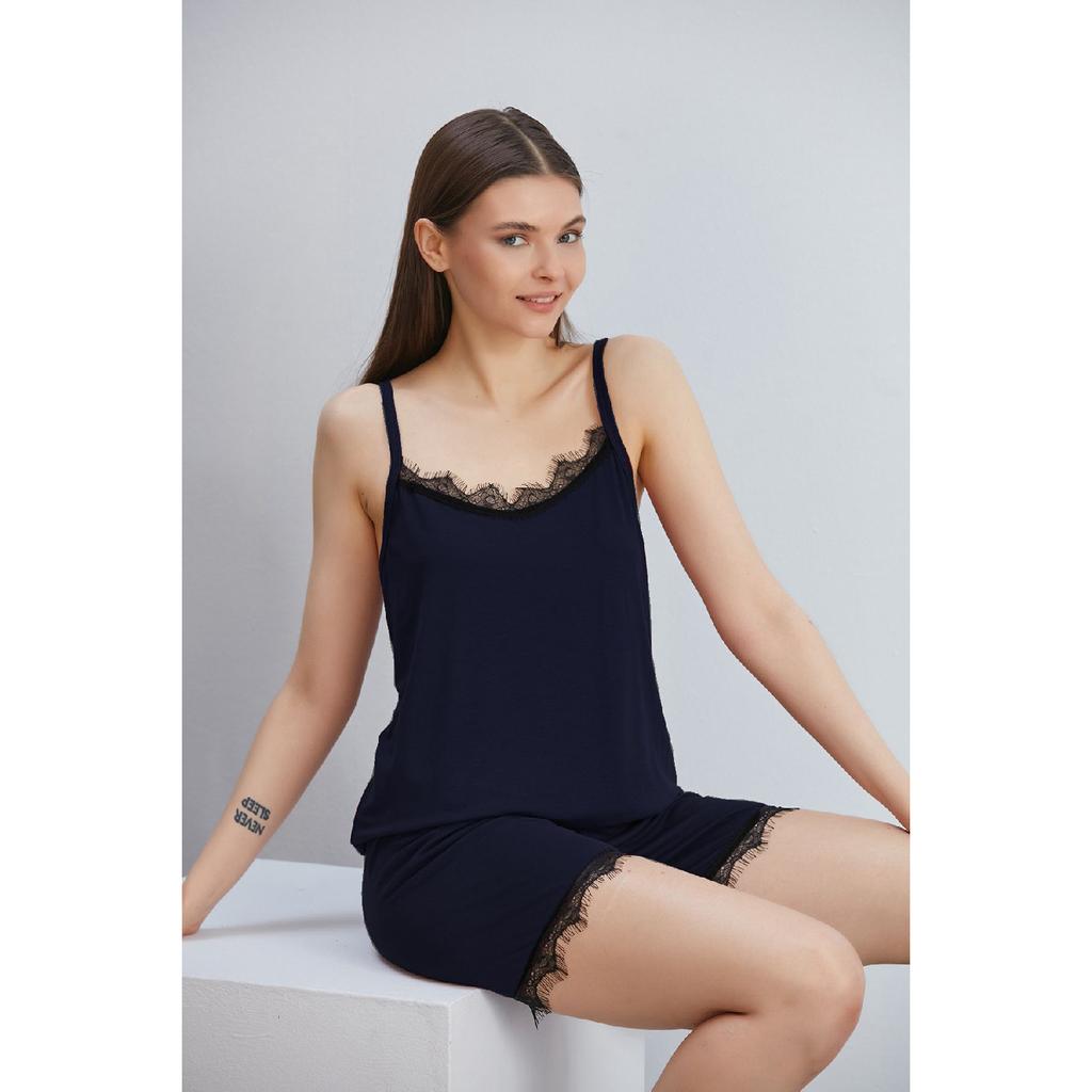 Viscose Knitted Shorts Rope Strap Lace Pajama Set Black