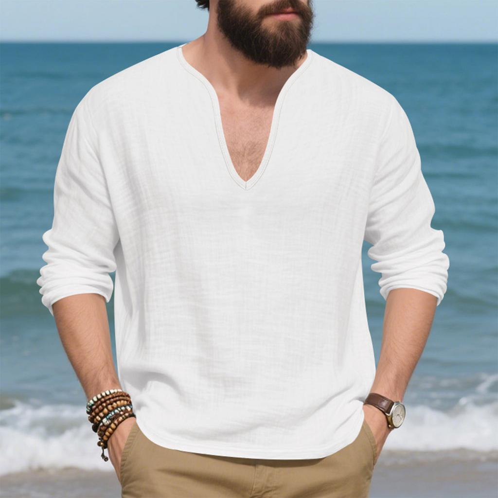 Мужские льняные рубашки свободного кроя с длинным рукавом, футболка однотонная с V-образным вырезом, пуловер в стиле хиппи для йоги