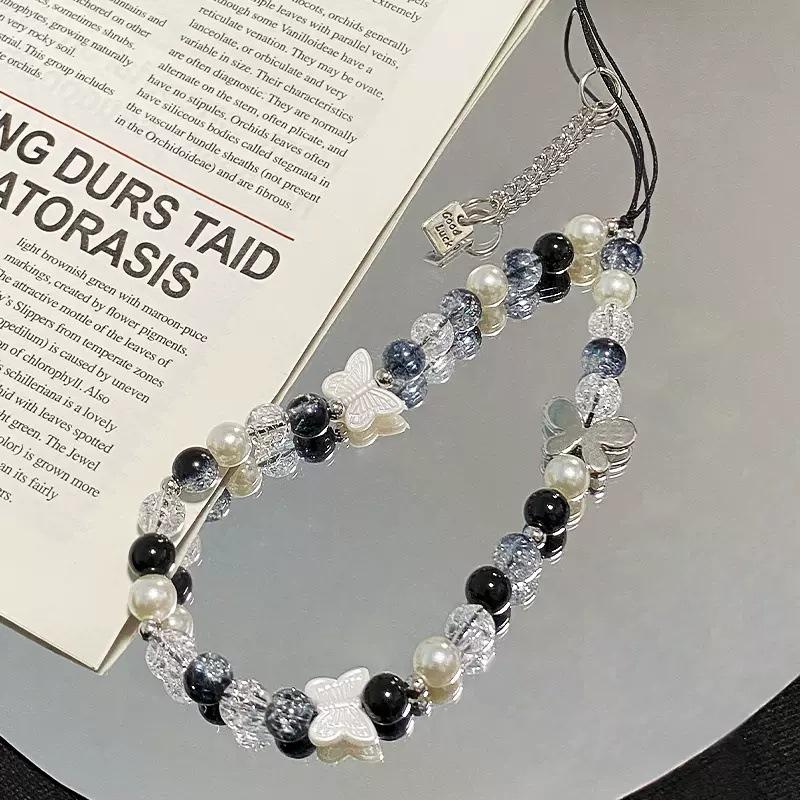 Y2k Black Heart Pearl Beaded Phone Chain Hanging Cord Phone Charms Phone Strap Summer Handmade Mobile Lanyard Jewelry Gift 1
