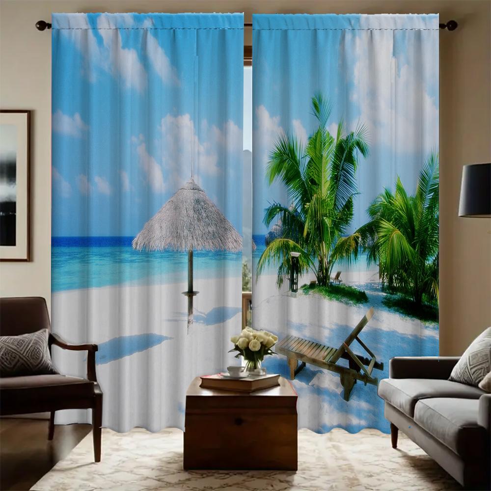 Home Coconut Tree Sea View Curtains Landscape Background Kitchen Coffee Shop Living Room Curtain For Great Made Of Polyester With Pole Pocket