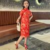 Платье Cheongsam для девочек, маленькое зимнее платье с цветочным рисунком и короткими рукавами, воротник-стойка на молнии, винтажное детское длинное платье миди Ципао в китайском стиле на Новый год, принцесса