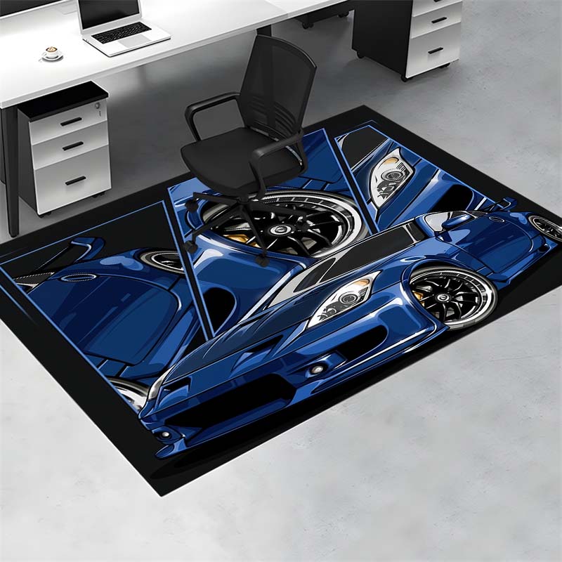 Blue Modified Sports Car Comic Split Panel Print Area Rug Non‑Slip Rectangular Floor Mat Car Fan Decor for Gaming Room Living Bedroom