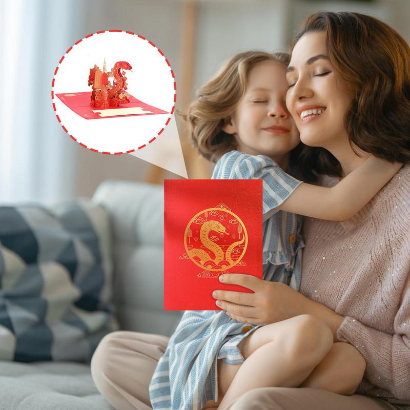 2025 Year of the Snake Hot Stamping Red 3D Pop Up Greeting Card Company Chinese New Year Snake Lunar Gift Ins ZodiacSmall Snake