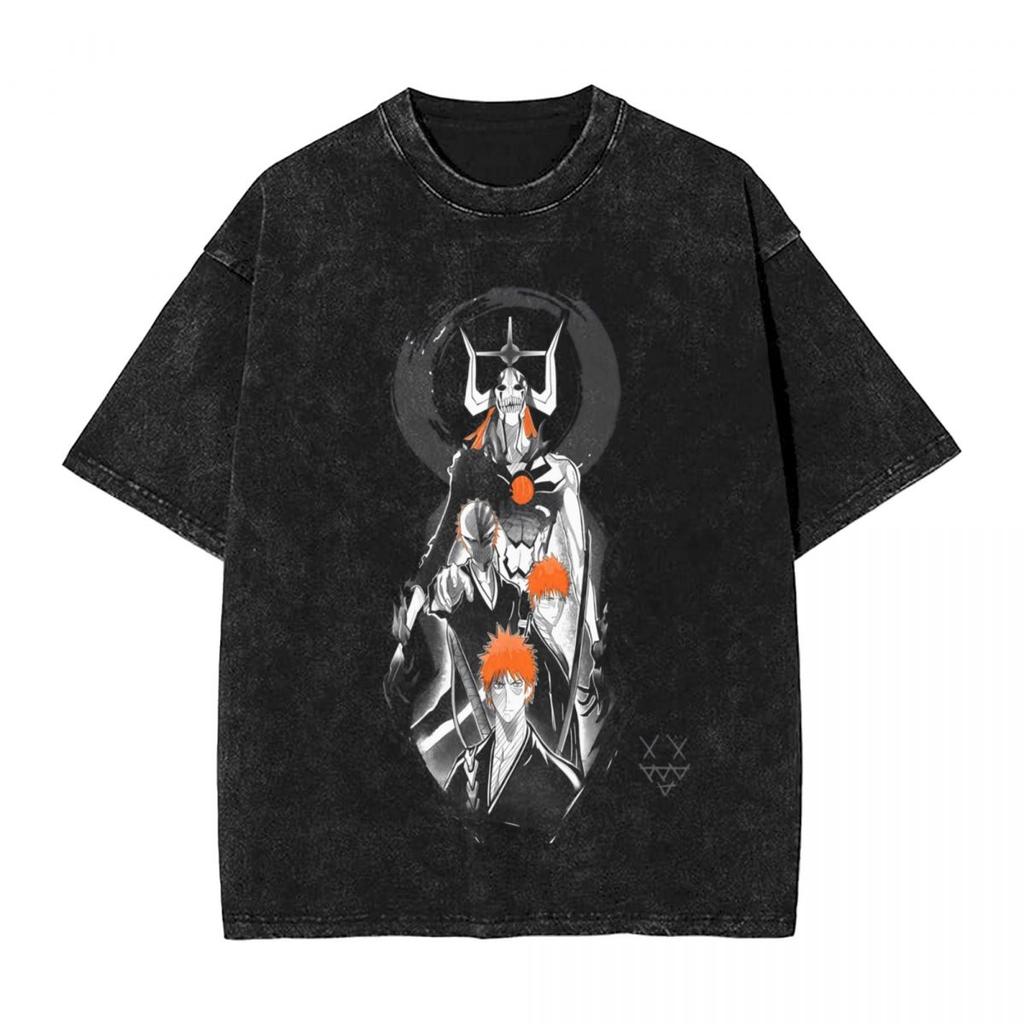 Bleach Kurosaki Ichigo Manga Print Tshirt Vintage Washed Oversized T Shirt Men Women Clothing Casual Cotton Short Sleeve Tees