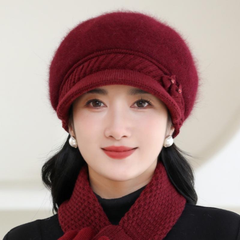 Elegant Winter Beanie for Women - Cozy Knit with Floral Accent, Perfect for Middle-Aged & Elderly, Stretch Fit, Hand Washable