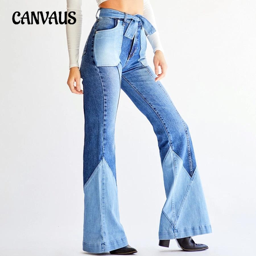 Женские брюки больших размеров, винтажные, с высокой талией, двухцветные, с поясом, расклешенные джинсовые брюки