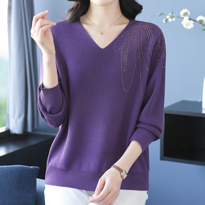 Spring Autumn Women's V-Neck Knitted Sweater Loose Solid Pullover Knitwear Thin Rhinestone Knit Top