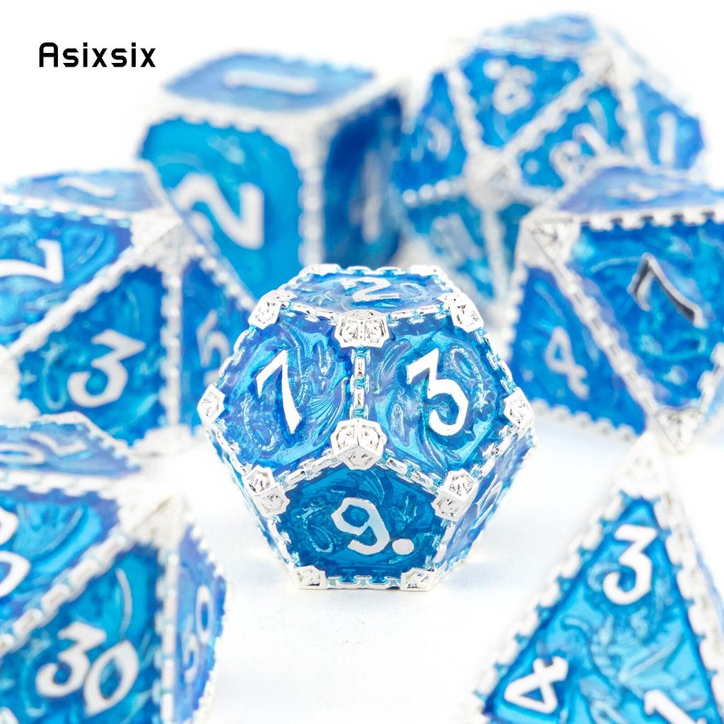 7 Pcs Blue White Dragon Metal Dice Solid Metal Polyhedral Dice Set Suitable for Role-Playing RPG Board Game Card Game