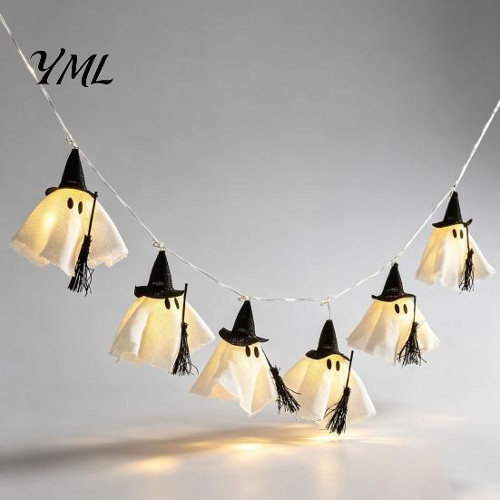 Retro Texture Halloween Props Ghost String Light, Hanging Fabric with Wizard Hat, Window Fireplace Wall Ornament Glowing Fairy Lights for Home
