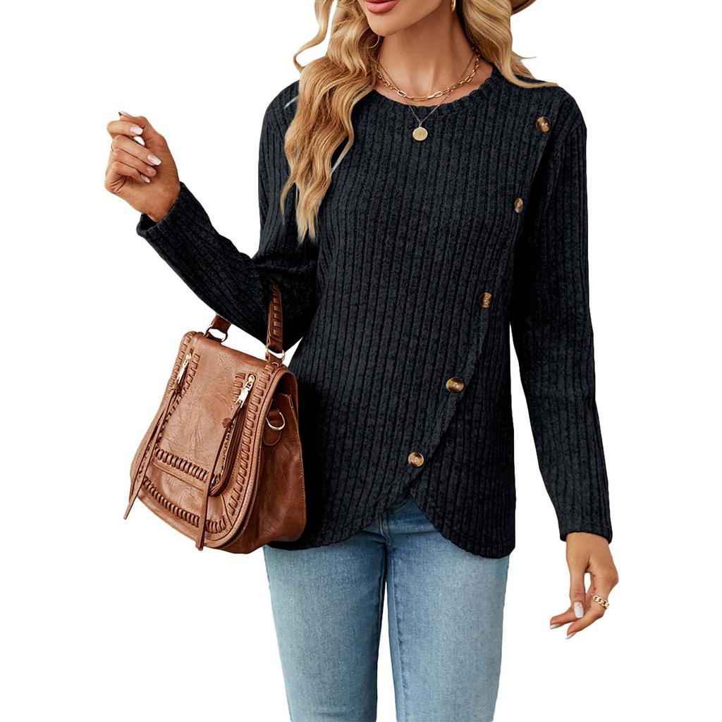Женский модный сексуальный удобный пуловер с круглым вырезом для отдыха, длинный рукав и пуговицы с разрезом по краю