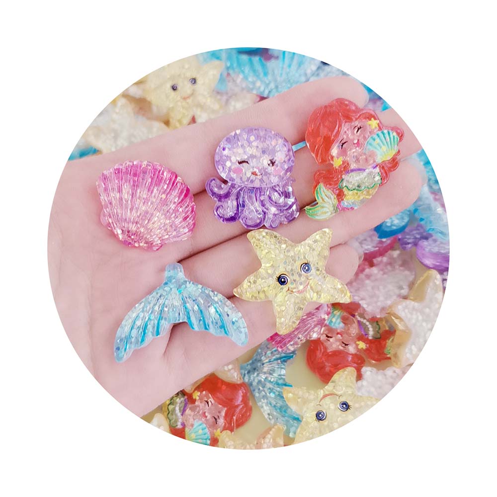 Cute Resin Cartoon Glitter Princess Mermaid Starfish Shell Series Flat Back Cabochon Scrapbooking for DIY Crafts Accessories