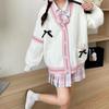 Autumn and Winter Pink Sweet Bow Twist Contrasting Color V-neck College Style Sweater Jacket Women's Loose Lazy Style