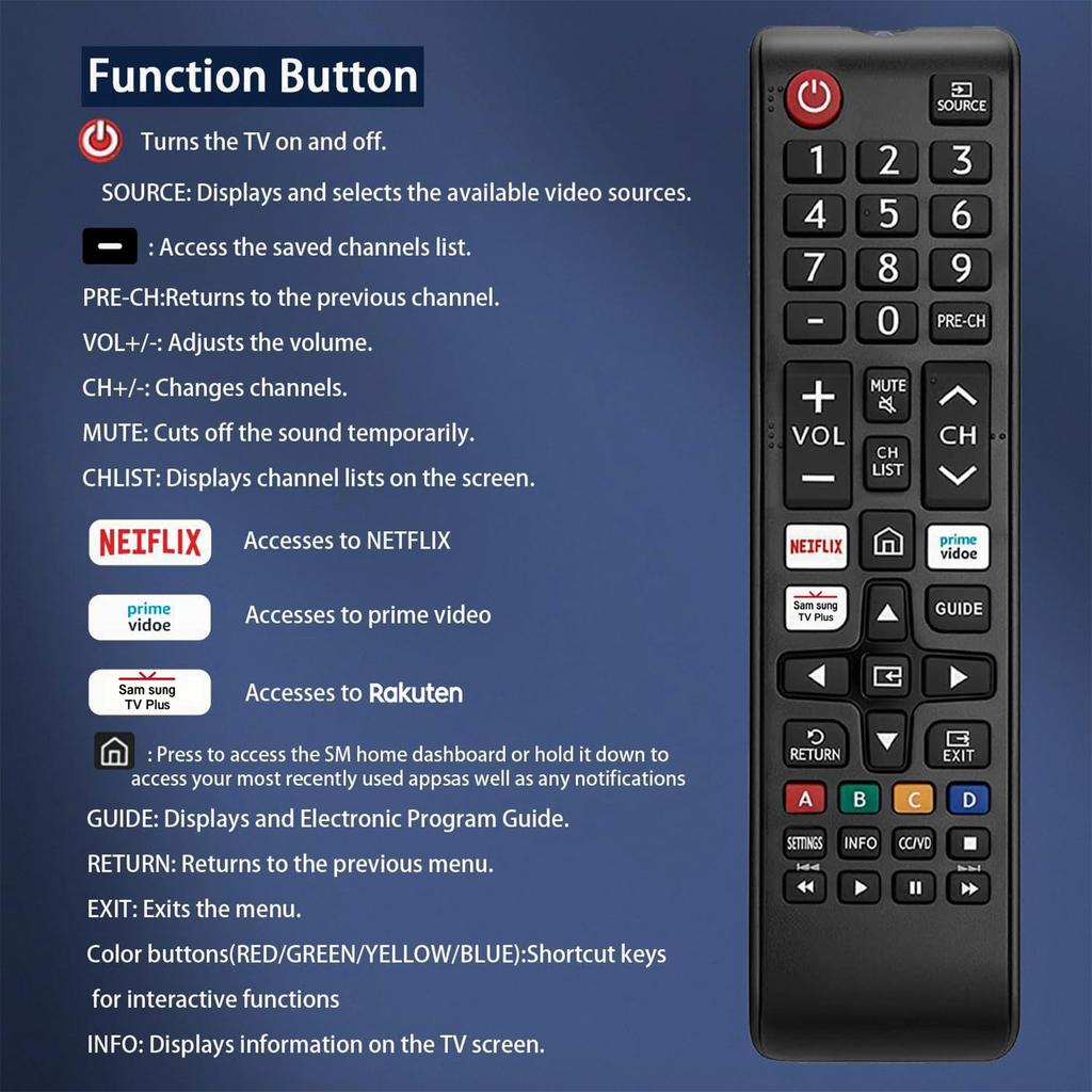 New Universal Remote Control Replacement for All Samsung Smart TV, Fit for Samsung LED LCD HDTV 3D Series TV, No Setup Required