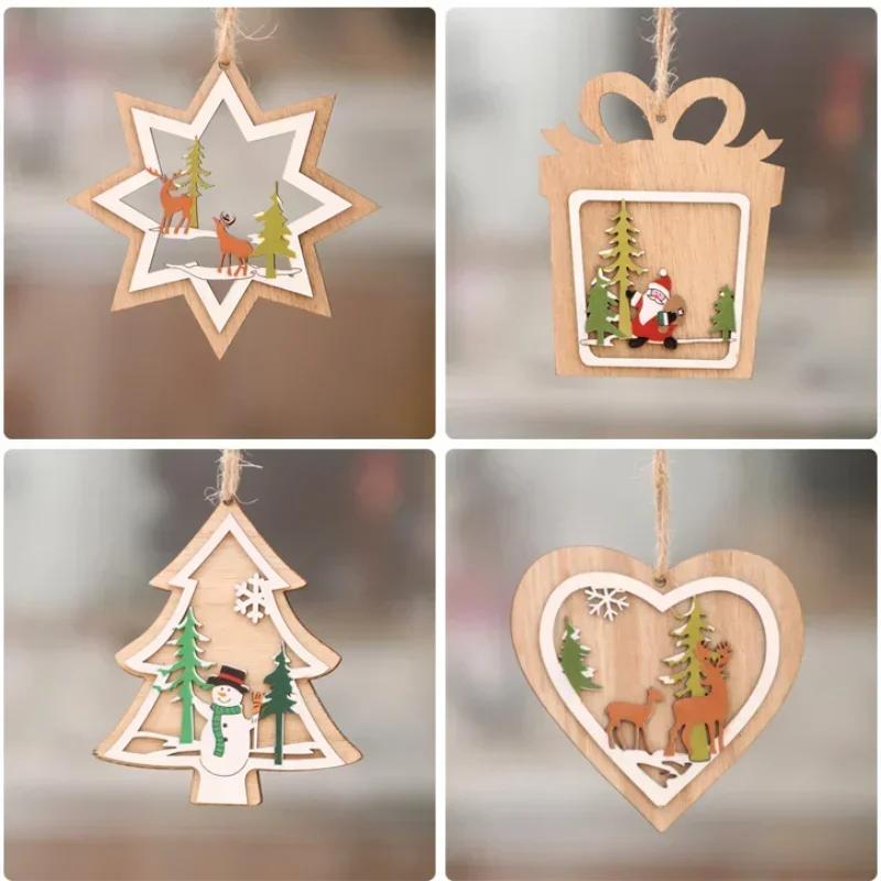 Christmas Decorations Wooden Hollow Out Christmas Tree Pendant Five-pointed Star Bell Snowman Drop Ornament Festival Home Decor