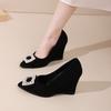 Fashion Shallow Wedge Single Fall New Pointed Toe Rhinestone Square Buckle Slip Foot Anti-Slide Heel Low Top Shoes