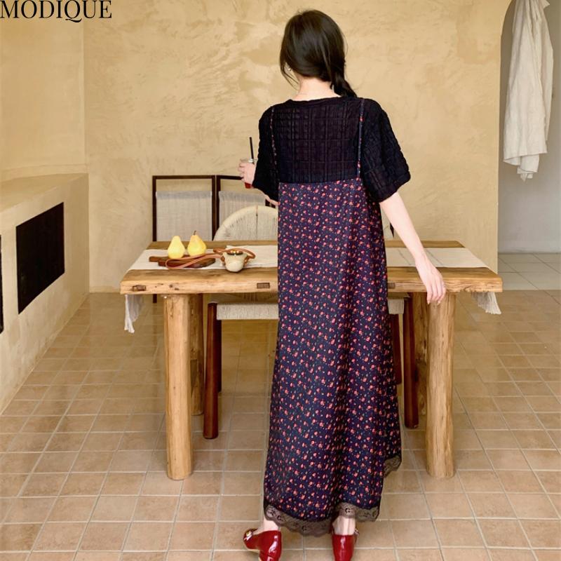 MODIQUE Летние платья больших размеров для женщин, свободные, сладкие, с цветочным принтом, кружевные, плиссированные, длинные, женские, повседневные, с коротким рукавом, с круглым вырезом