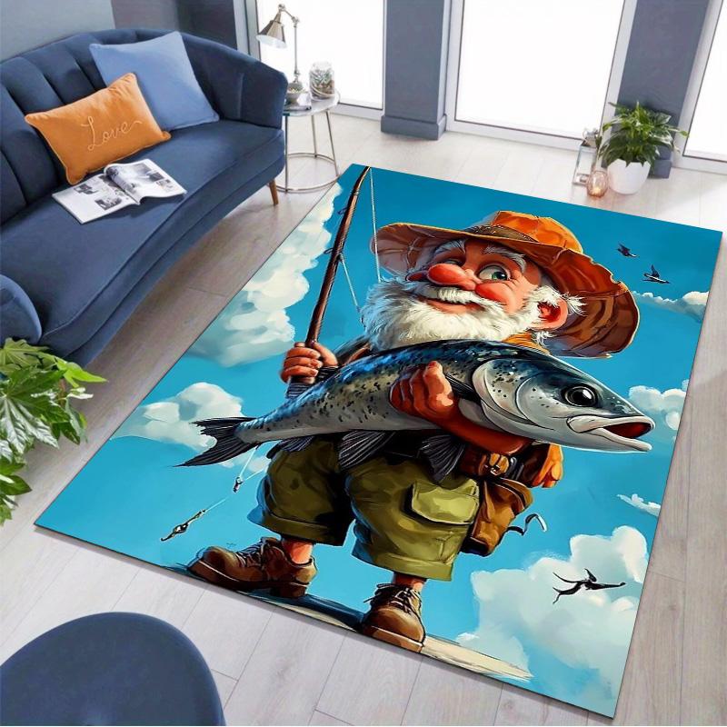 Cartoon Fisherman With Big Fish Print Area Rug Non‑Slip Rectangular Floor Mat Fishing Theme Home Decor For Gaming Living Bedroom