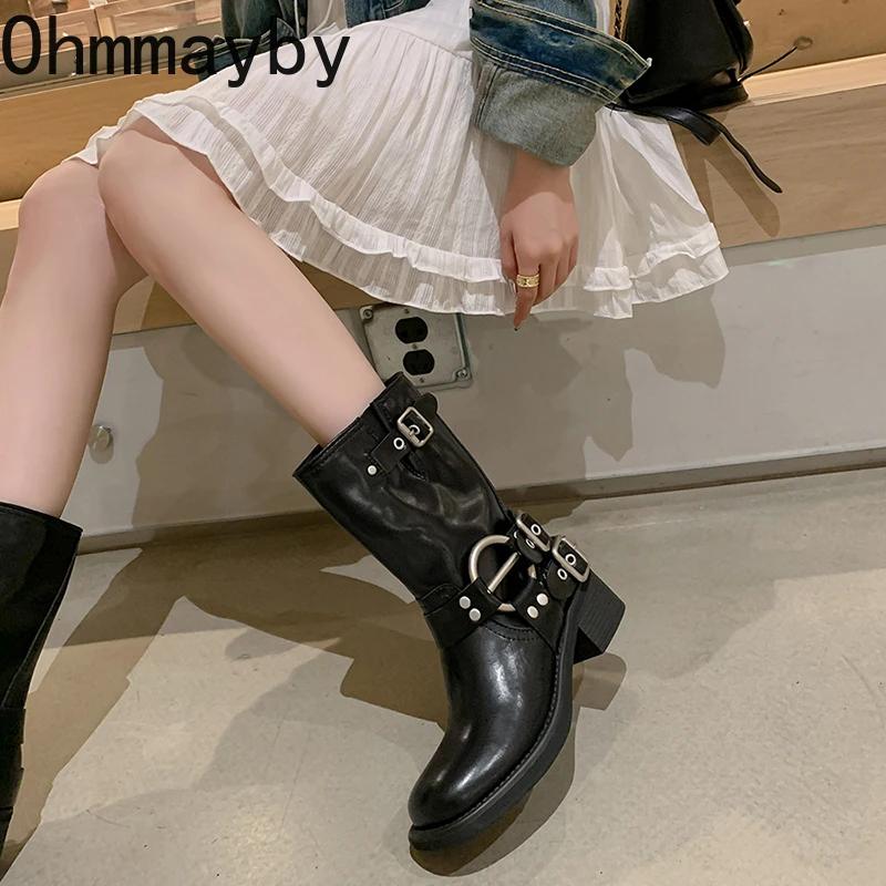 Fashion Retro Style Women Western Cowgirl Short Boots Fashion Belt Buckle Square Heel Shoes Autumn Winter Ladies Ankle Booties