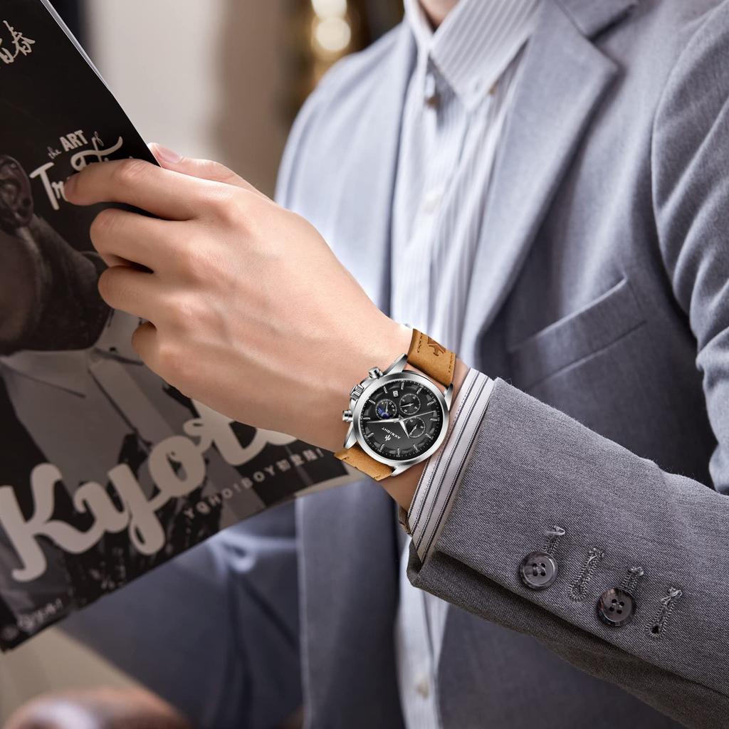 BENYAR Japanese Quartz Moon Stainless Leather Compatible with Business Casual Sports Chronograph Included Men's Watch, Phase, Steel, Strap, Watches,