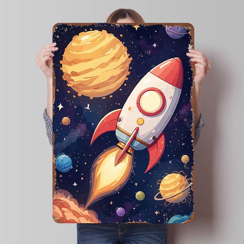 Cartoon Rocket Space Printed Poster Customized Wall Art Retro Vintage Metal Tin Signs for Room Decorations Mancave Decoration