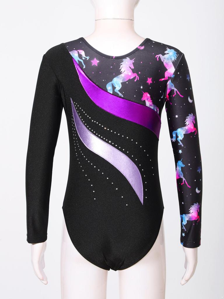 Детский гимнастический купальник с блестящим декором из стразов для девочек, боди с круглым вырезом и длинными рукавами для фитнеса и танцев, наряд