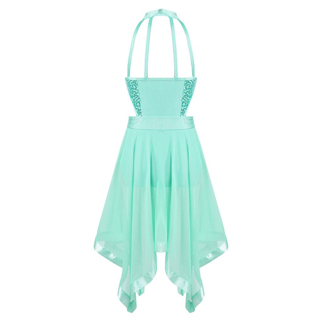 Детское платье для девочек, танцевальный костюм, вуаль, нерегулярный подол, платье-трико без рукавов и с открытой спиной