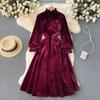 High Quality Autumn Winter Women Vintage Palace Velvet Party Dress Fashion Stand Collar Long Midi Casual Velour Dresses